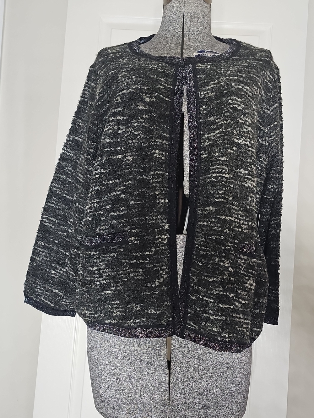 Ana Woman Grey Combo Silver Sparkle Open Front Cardigan Sweater Plus Size New